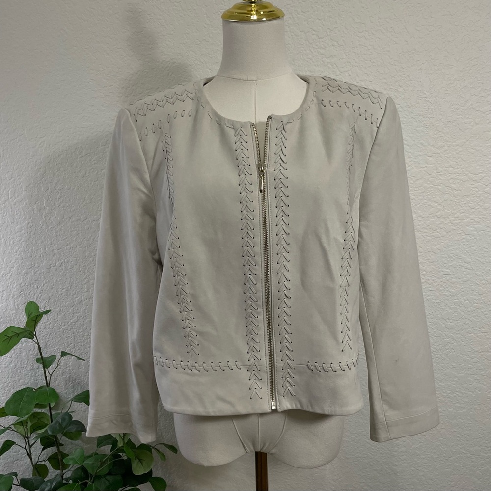 White House Black Market Cream Moto-Style Jacket | Whipstitch Detail | Size XL - Picture 2 of 11